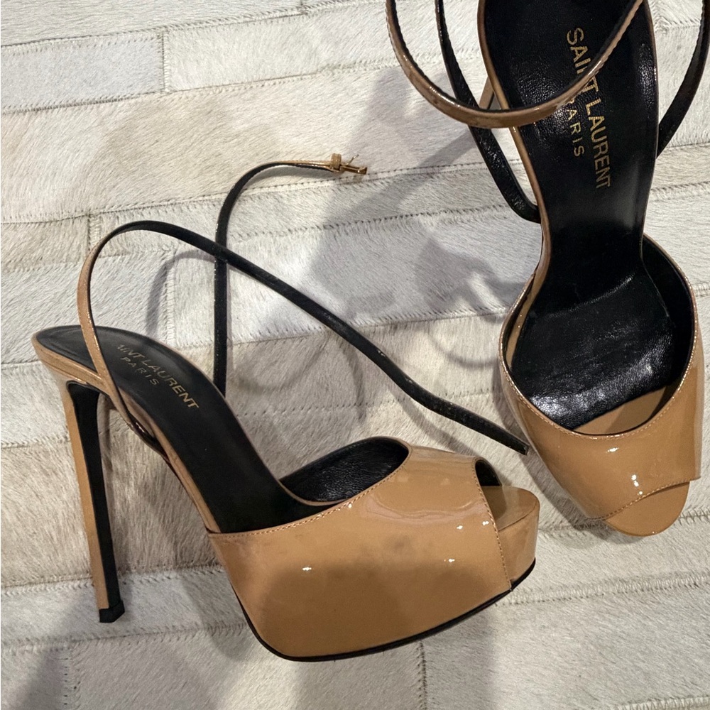 Saint Laurent Nude Patent Leather Platform Peep-Toe Slingback Heels